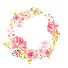 Watercolor elegant circle pink frame with flowers isolated on white background