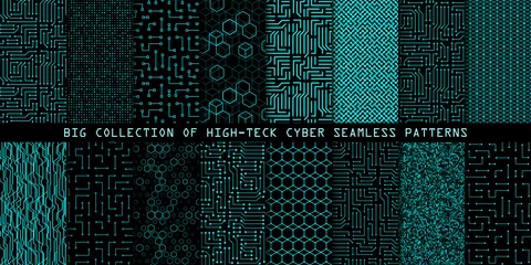Foto op Canvas Set van naadloze cyberpatronen. Printplaat textuur. Verzameling van digitale high-tech stijl vector achtergronden © kokoshka