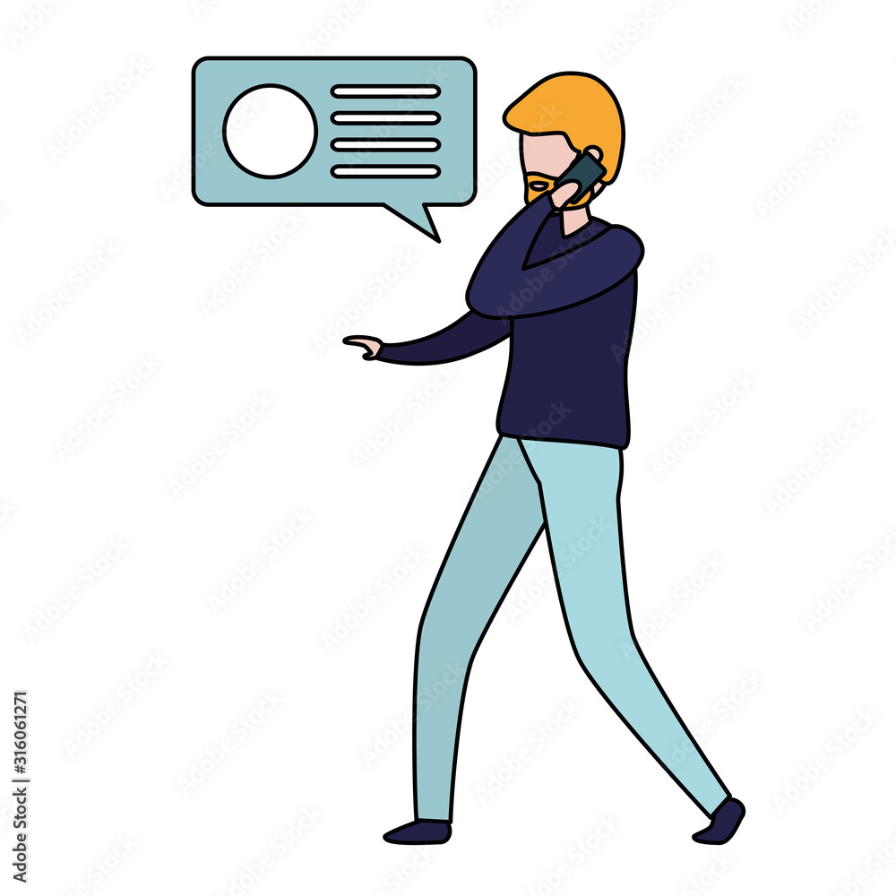 Poster man with smartphone and speech bubble character