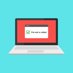 I am not a robot icon on laptop's screen. Checkmark not a robot. Flat style vector illustration 