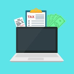 Tax payment online with computer. Analyzing finances. Online payment concept. Laptop with electronic invoice. Pay on our website. Flat vector illustration. 