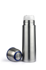 Metal thermos flask isolated on white background