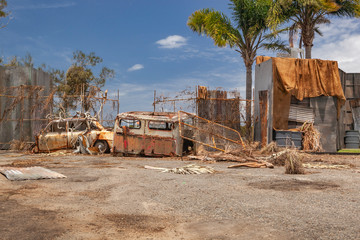 rusty car and truck next to a metal fence in a junkyard - obrazy, fototapety, plakaty