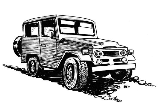 Ink black and white drawing of a vintage off road car