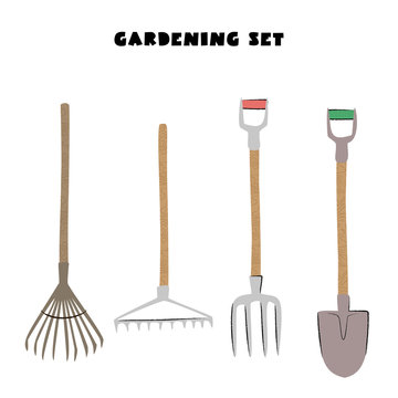 Gardening groundworks tools. Vector. Work in a garden. Cute cartoon sketchy style with texture