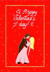 Postcard with a picture of a dancing couple and the inscription happy Valentine s day on a red background. Vector illustration. Cartoon