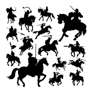 Knight on horse silhouettes. Good use for symbol, logo, web icon, mascot, sign, or any design you want.