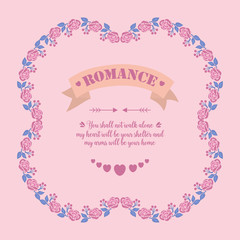 Modern shape of romance greeting card, with unique pattern of leaf and pink rose wreath frame. Vector