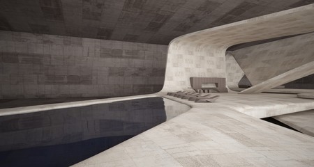 Abstract architectural concrete interior of a minimalist house. 3D illustration and rendering.