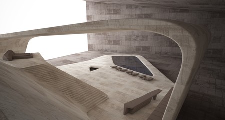 Abstract architectural concrete interior of a minimalist house. 3D illustration and rendering.