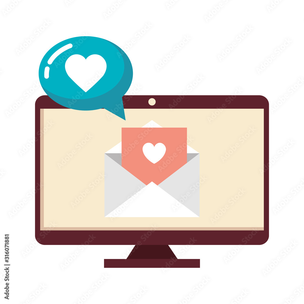 Poster computer and envelope with heart isolated icon