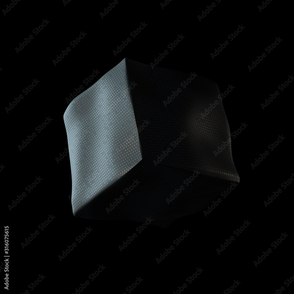 Poster abstract 3d render of deformed geometry. golden pattern. modern element. cube shape.
