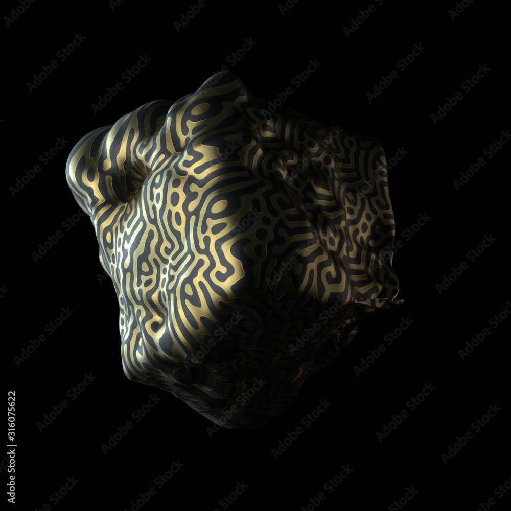 Poster abstract 3d render of deformed geometry. golden pattern. modern element. cube shape.