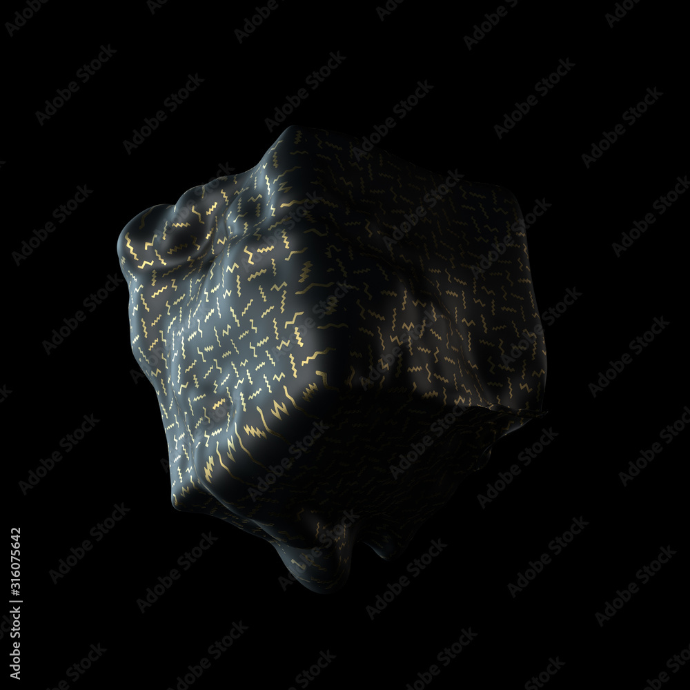 Poster abstract 3d render of deformed geometry. golden pattern. modern element. cube shape.