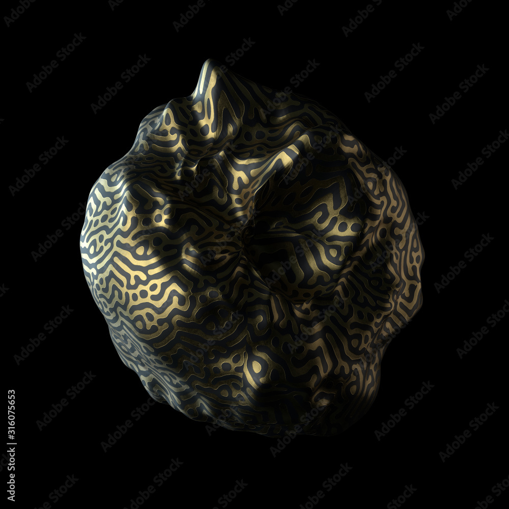 Poster abstract 3d render of deformed geometry. golden pattern. modern element. sphere shape.