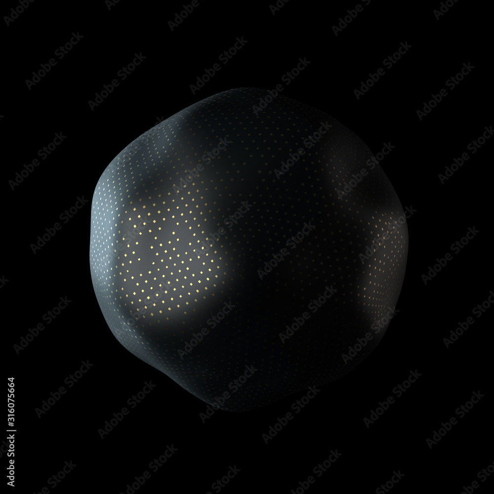 Poster abstract 3d render of deformed geometry. golden pattern. modern element. sphere shape.