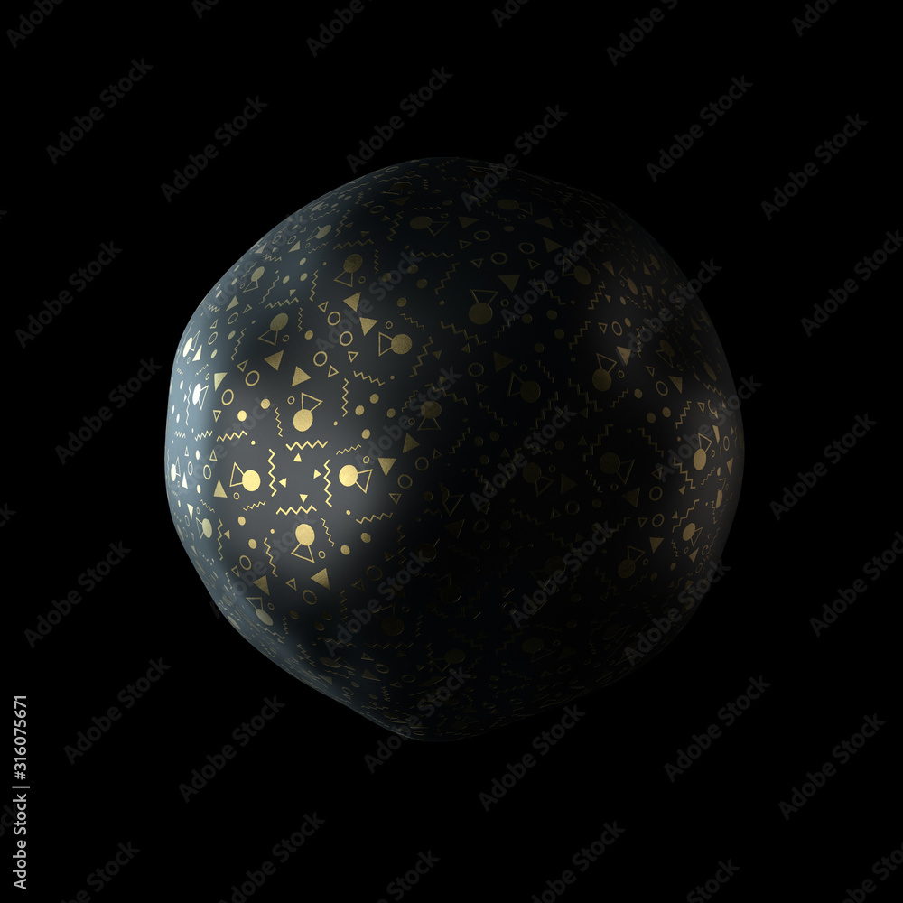Poster abstract 3d render of deformed geometry. golden pattern. modern element. sphere shape. memphis patte
