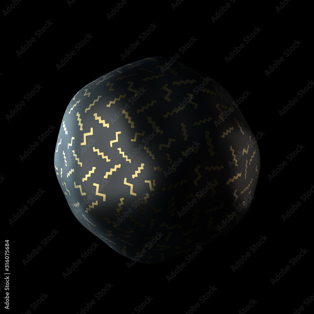 Poster abstract 3d render of deformed geometry. golden pattern. modern element. sphere shape. memphis patte