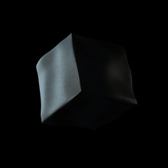 Abstract 3d render of deformed geometry. Golden pattern. Modern element. Cube shape.
