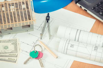 Home keys, currencies dollar, electrical diagrams and accessories for engineer jobs, building home...