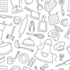 Fototapeta premium Kitchen tools and tableware. Cook. Seamless pattern. Hand drawn vector illustration in doodle style.