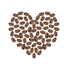 Heart made of coffee beans isolated on white background. Watercolor hand-drawn illustration. Vegan and vegetarian heart shape. Conceptual creative food design element