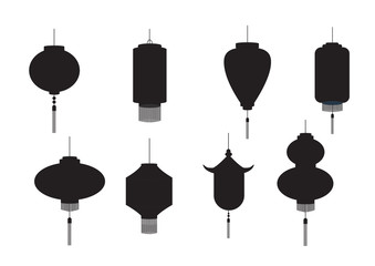 Set of hanging silhouette Chinese lanterns isolated on white background,Vector illustration.