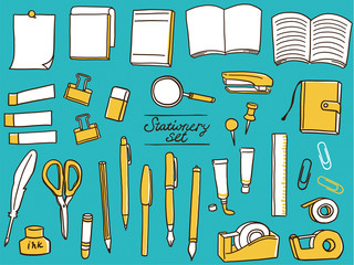 Fototapete 文房具 おしゃれ 手描き 線画 イラスト セット こけ田