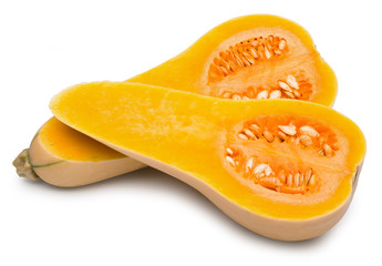 pumpkin butternut cut in half isolated on white with clipping path.