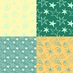 Set of 4 vector seamless backgrounds. Blue-aquamarine and amber-yellow endless patterns with stars, spirals, flashes for fabric, cards and decoration.