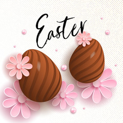 Happy Easter egg with flowers. Happy easter template with gold eggs, frame, pink flower. Vector illustration. Design layout for invitation, card, menu, flyer, banner