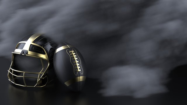 American football gold-black helmet and Ball with dark black toned foggy blur smoke under black-white laser lighting. 3D illustration. 3D high quality rendering.