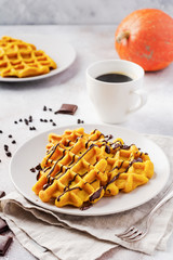 Pumpkin waffles with chocolate and icing sugar on light background and old rustic breakfast table. Selective focus.