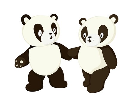 Two stylized pandas full body drawing. Simple panda bear icon or logo design