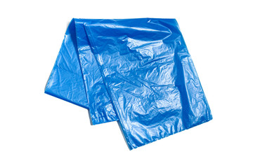 Blue plastic garbage bag isolated on the white background. Disposable bags for trash collecting.
