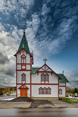 Husavik Church. Beautiful view of the historic town of Husavik.