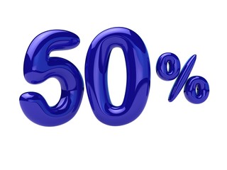 50 percent discount. Blue glossy balloon in the shape of a number. 3D rendering