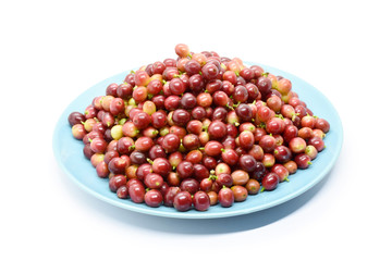 Coffee berries on blue disk, White background.