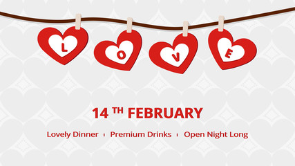 Hanging red hearts with love text, Valentine's background - Vector Illustration