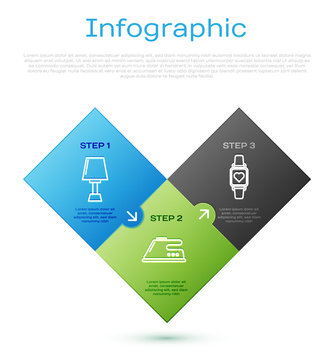 Set Line Table Lamp , Smart Watch Showing Heart Beat Rate And Electric Iron . Business Infographic Template. Vector