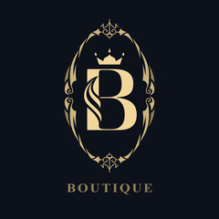 Vintage Ornament with Graceful Capital Letter B. Stylish Royal Emblem. Creative Logo. Drawn Luxury Monogram for Book Design, Brand Name, Business Card, Restaurant, Boutique, Hotel. Vector illustration