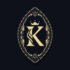 Vintage Ornament with Graceful Capital Letter K. Stylish Royal Emblem. Creative Logo. Drawn Luxury Monogram for Book Design, Brand Name, Business Card, Restaurant, Boutique, Hotel. Vector illustration