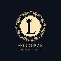 Round Ornament with Graceful Capital Letter L. Stylish Royal Emblem. Creative Logo. Drawn Luxury Monogram for Book Design, Brand Name, Business Card, Restaurant, Boutique, Hotel. Vector illustration
