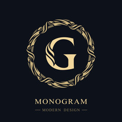 Round Ornament with Graceful Capital Letter G. Stylish Royal Emblem. Creative Logo. Drawn Luxury Monogram for Book Design, Brand Name, Business Card, Restaurant, Boutique, Hotel. Vector illustration