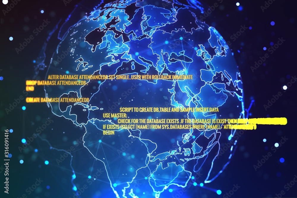 Fototapete Programming and coding concept with globe illustration on background. 3D Rendering