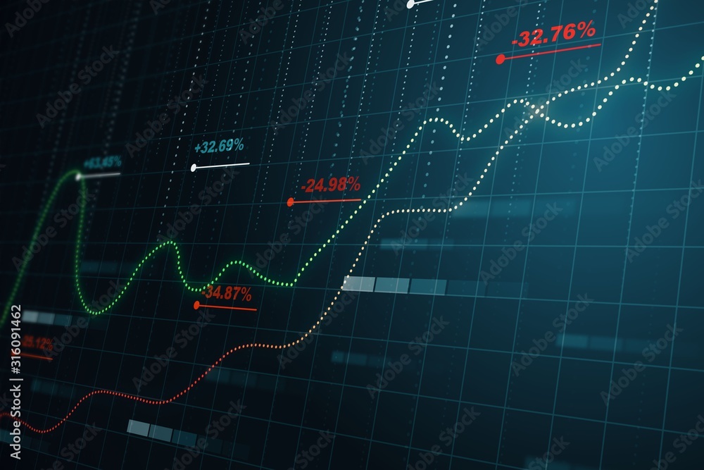 Poster Statistics concept with financial chart and blurry background. 3D Rendering
