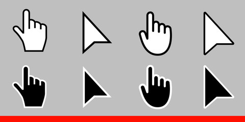 8 Black and white arrow no pixel mouse hand cursors icons vector illustration set flat style design isolated on white background.