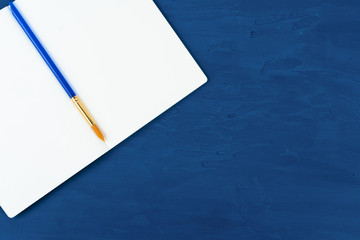 Blue paint brushes on classic blue background, view from above