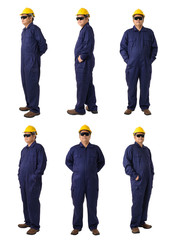 collection set of Full body portrait of a worker in Mechanic Jumpsuit isolated on white