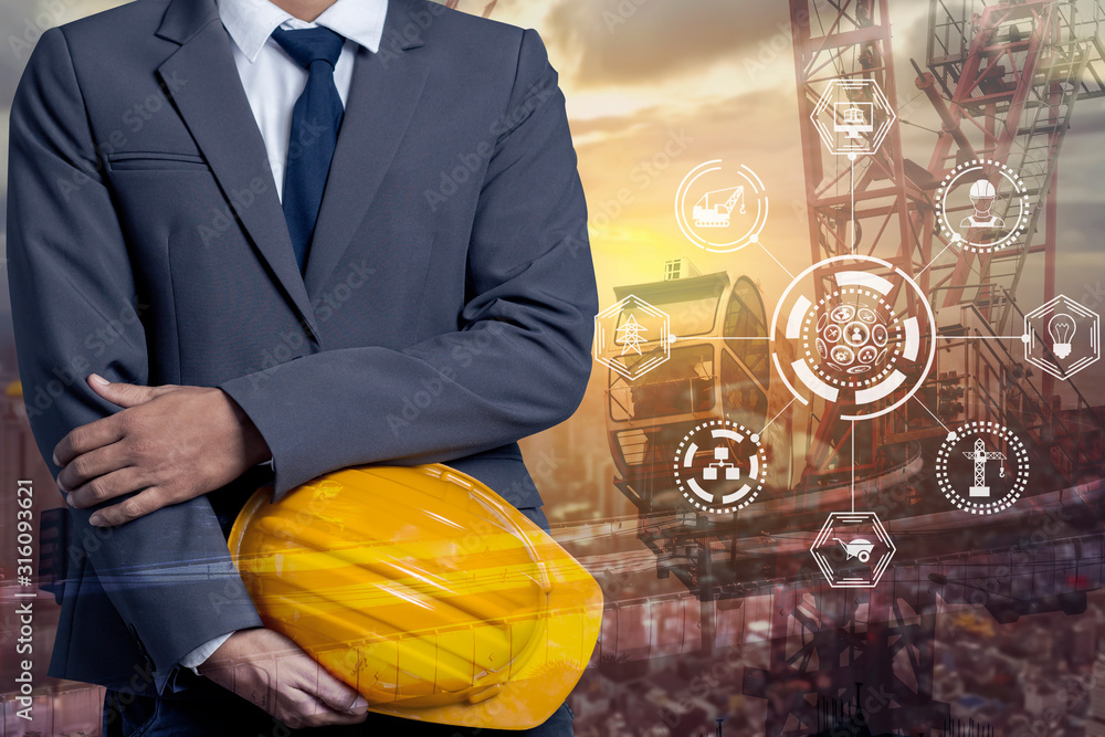 Aufkleber double exposure engineering using digital technology interfaces icon with construction cranes no cit